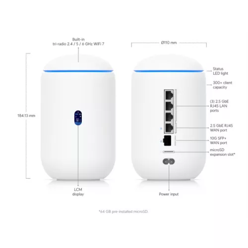 UBiQUiTi Dream Router TriBand 3x2,5Gbps (LAN) 1xPOE Out + 2xWAN (SFP+, RJ45), WiFi7, Asztali - UDR7