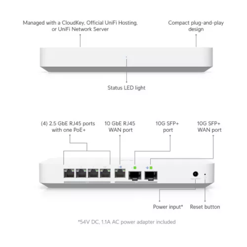 UBiQUiTi Vezetékes Router Gateway 4x2,5Gbit + 1x10Gbps SFP+ (LAN) + 1x10Gbit (SFP+/LAN) (WAN), Asztali - UXG-FIBER