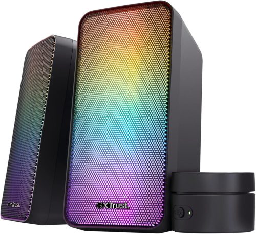 Trust Gaming GXT 611 Wezz 2,0 PC Lautsprecher mit RGB LED-Beleuchtung, 12 W (6 W RMS), 3,5 mm AUX Klinke, USB Soundsystem, Stereo Computer Boxen für PC, Laptop, Tablet, Desktop - Schwarz