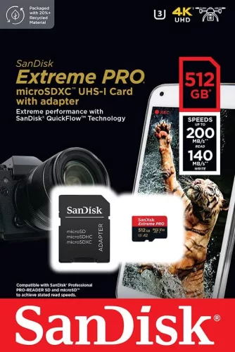 SanDisk Extreme Pro microSDXC 512GB CL10/UHS-I/U3/V30/A2 (SDSQXCD-512G-GN6MA)